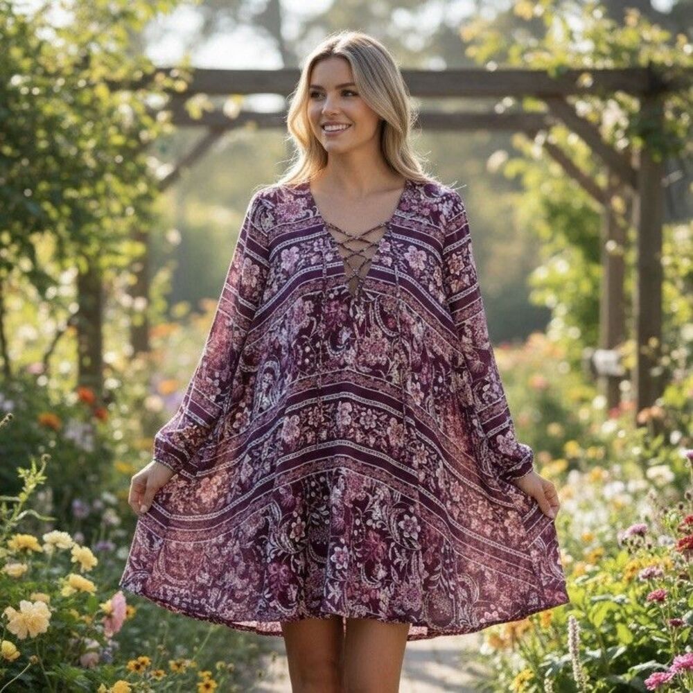 Gorgeous SHOW ME YOUR MUMU Burgundy Red Floral Soft Flowy Boho Tunic Dress Sz XS